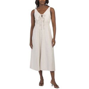 knee length dresses for ladies Rosemarine Plus Made in Italy Linen Sleeveless V-Neck Tiered Midi Dress Tan / 1x